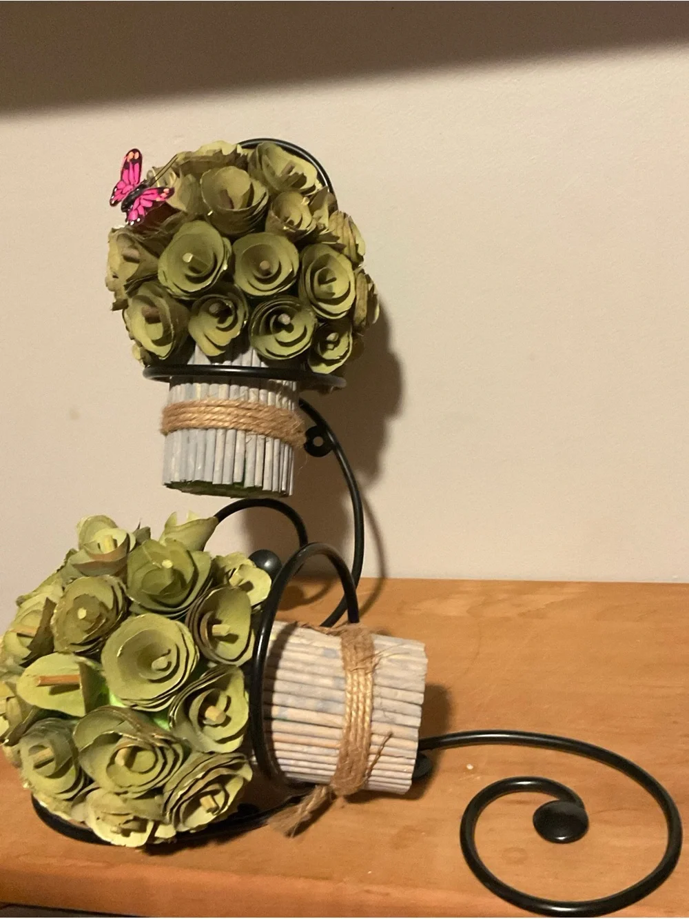 Olive Green Rose Wall Sconce Pair with Twine and Black Scroll Hangers